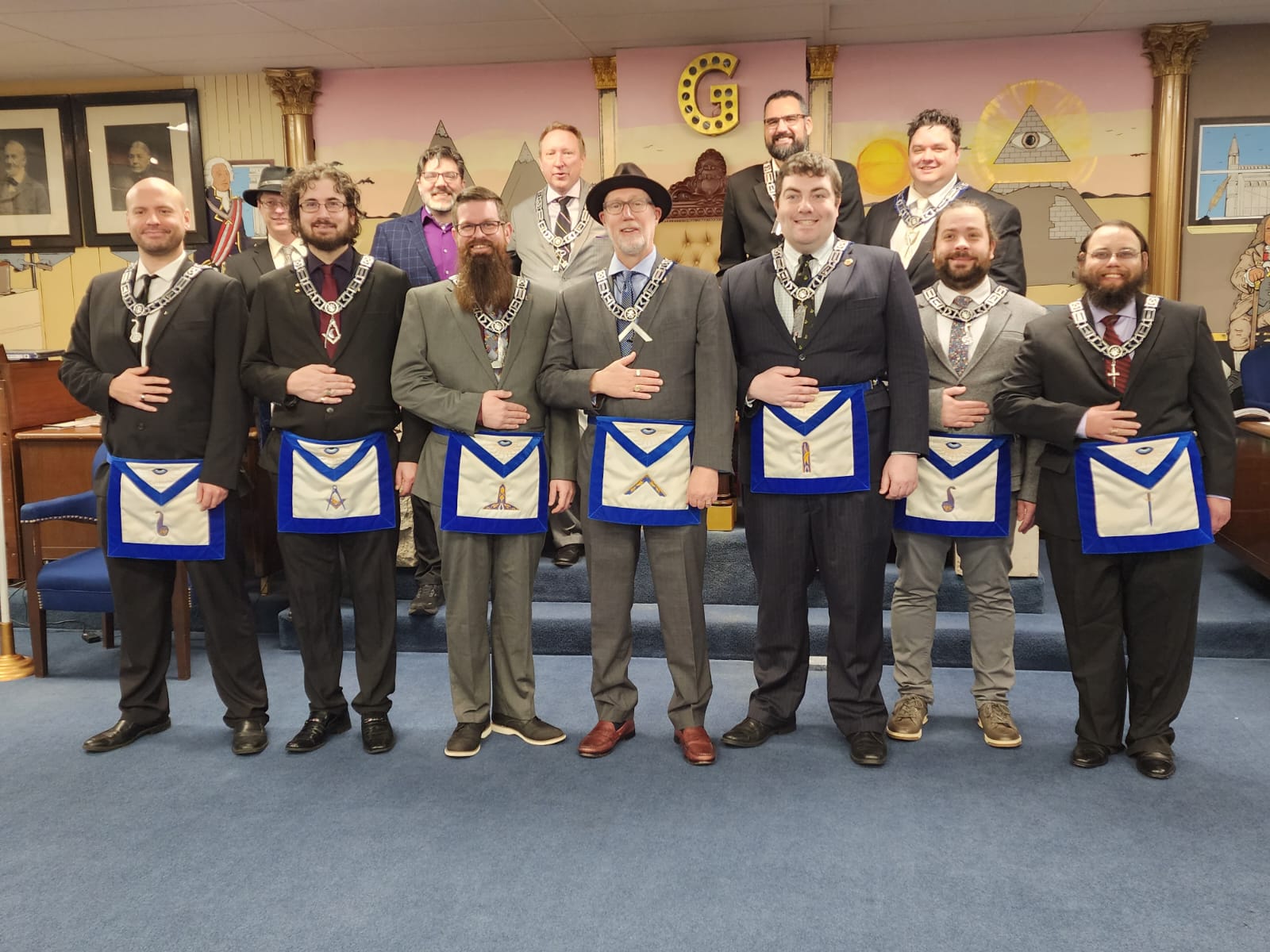 2023 Broad Ripple Lodge Officers - two rows of members standing in front of the Worshipful Master's chair.